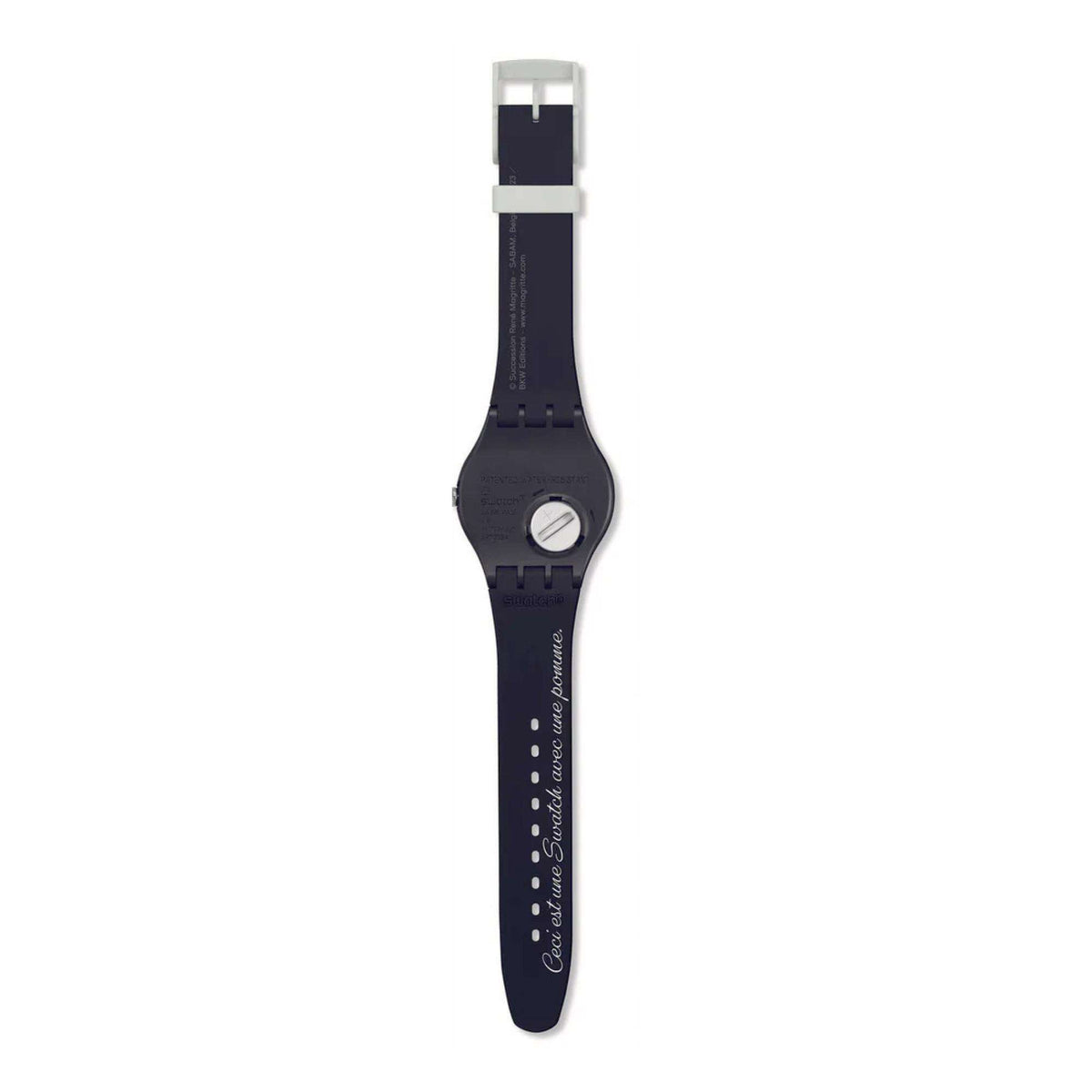 Swatch wristwatch back view with dark navy strap and white buckle hardware