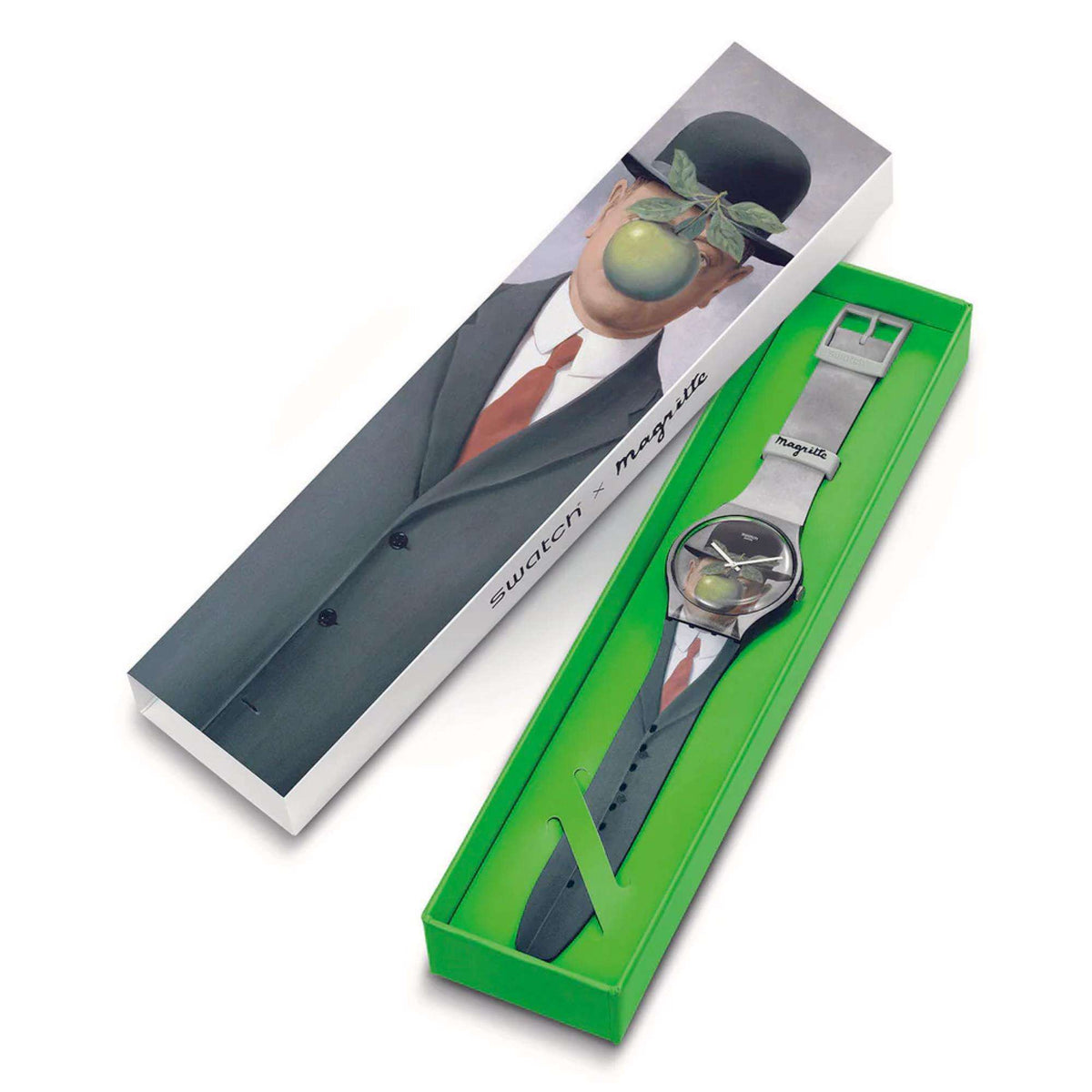 Swatch wristwatch packaged in a green box with art dial and light gray strap