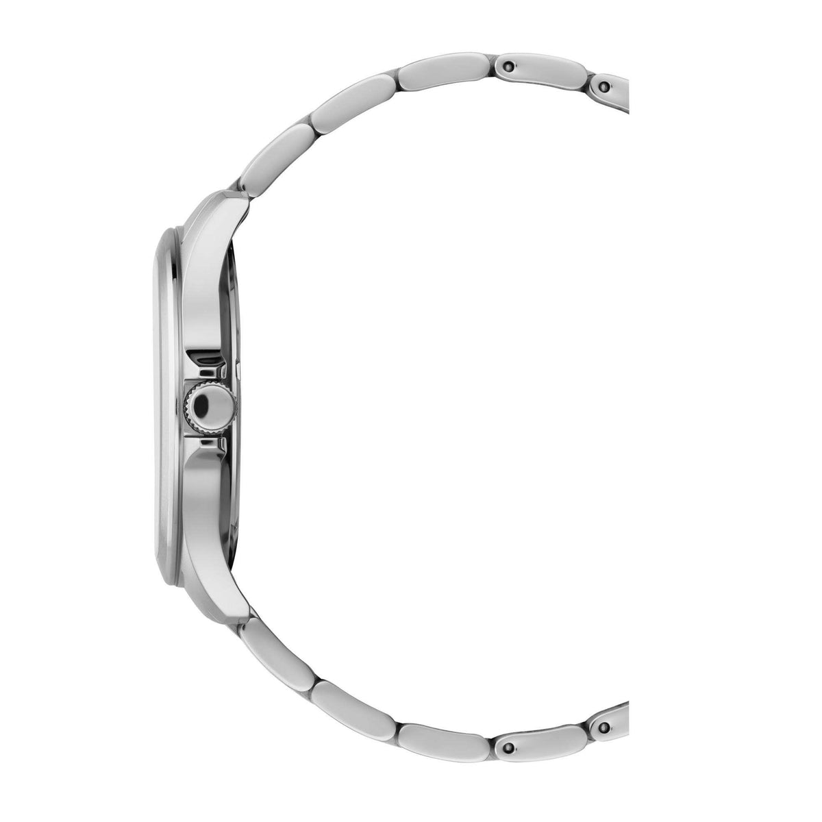 Men's stainless steel watch side profile with crown and linked metal bracelet
