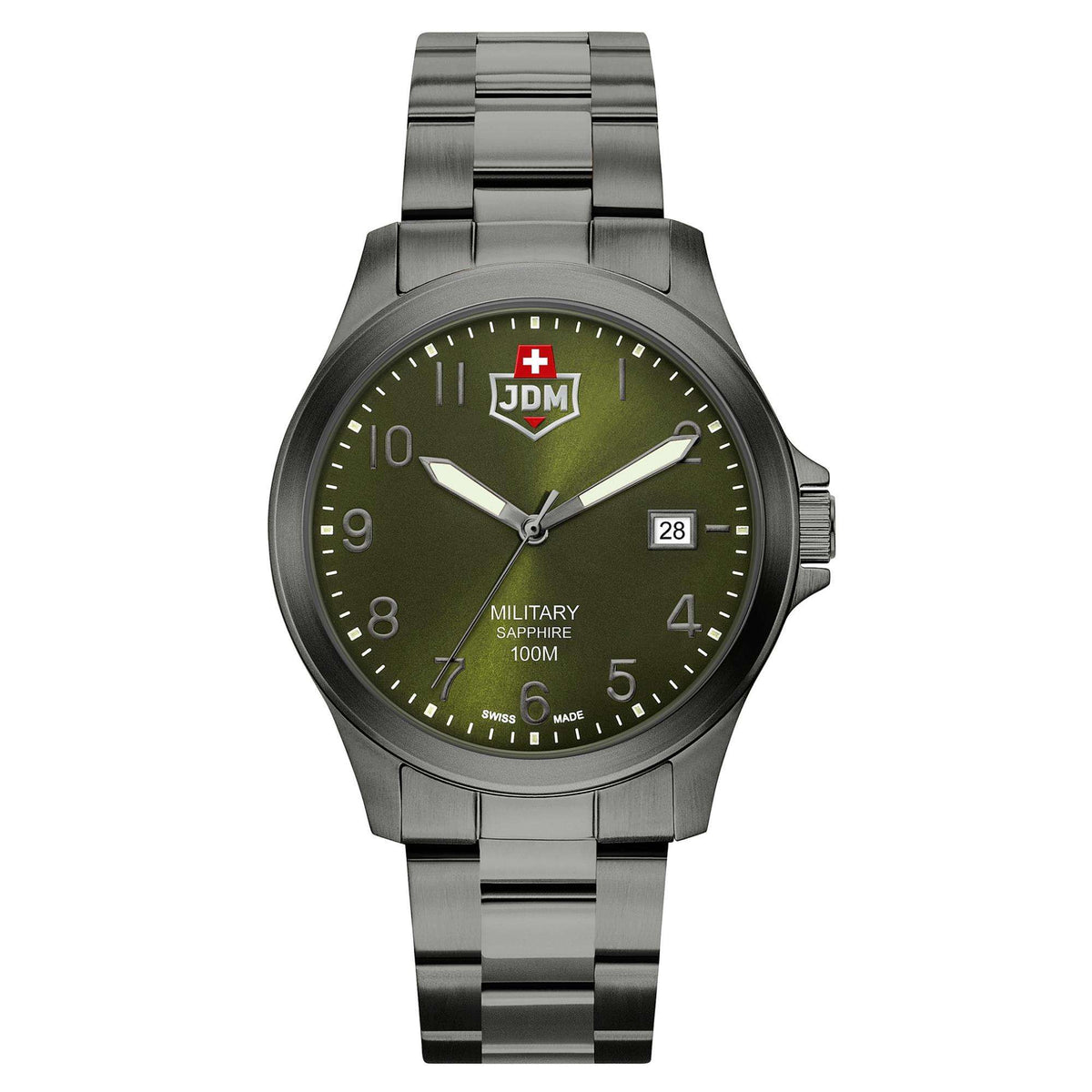 Men's military wristwatch with green dial, steel bracelet, and date window at 3 o'clock