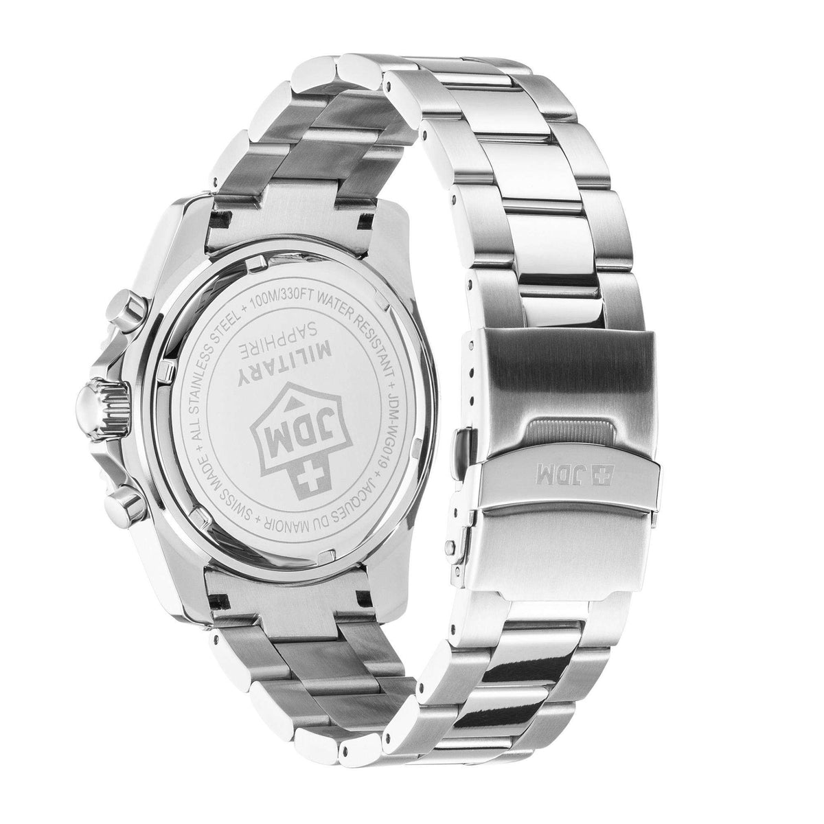 Men's steel watch caseback with markings and bracelet links