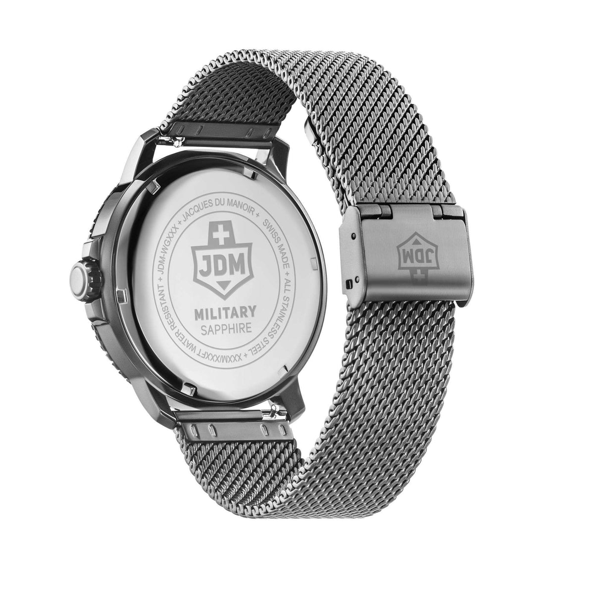 Back of men's military watch with engraved metal caseback and gray steel mesh bracelet