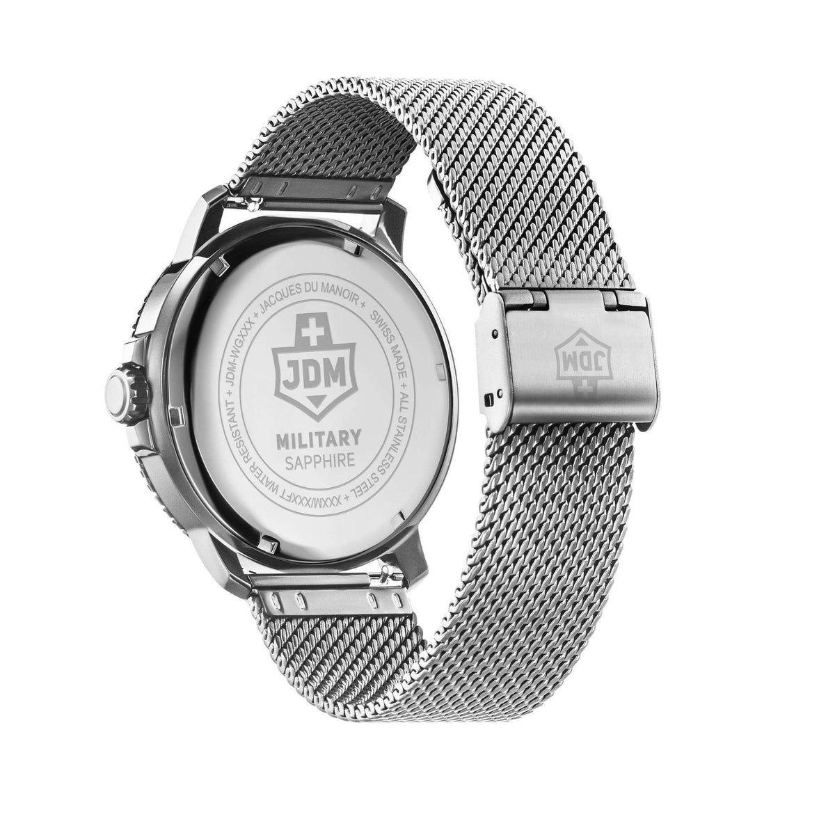 Men's steel mesh watch with engraved caseback, JDM Military Sapphire branding