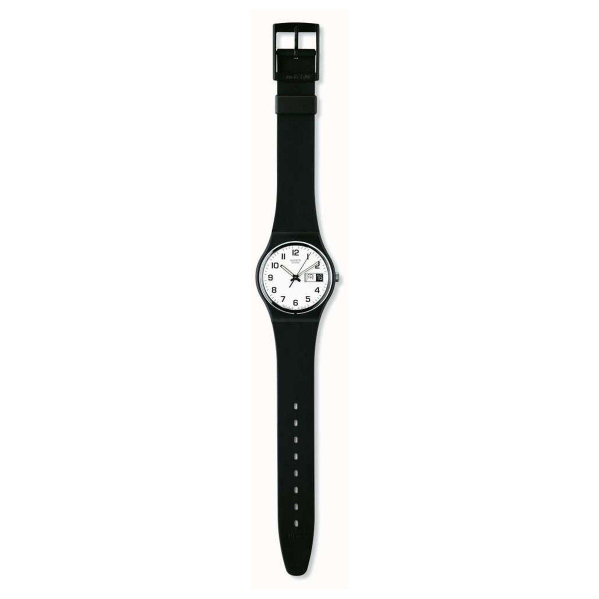 Black silicone strap wristwatch viewed from top to bottom with date window