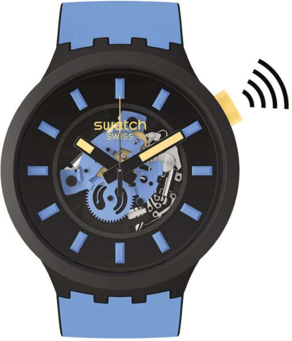 Black dial skeleton-style watch with light-blue strap, blue batons and yellow hands.