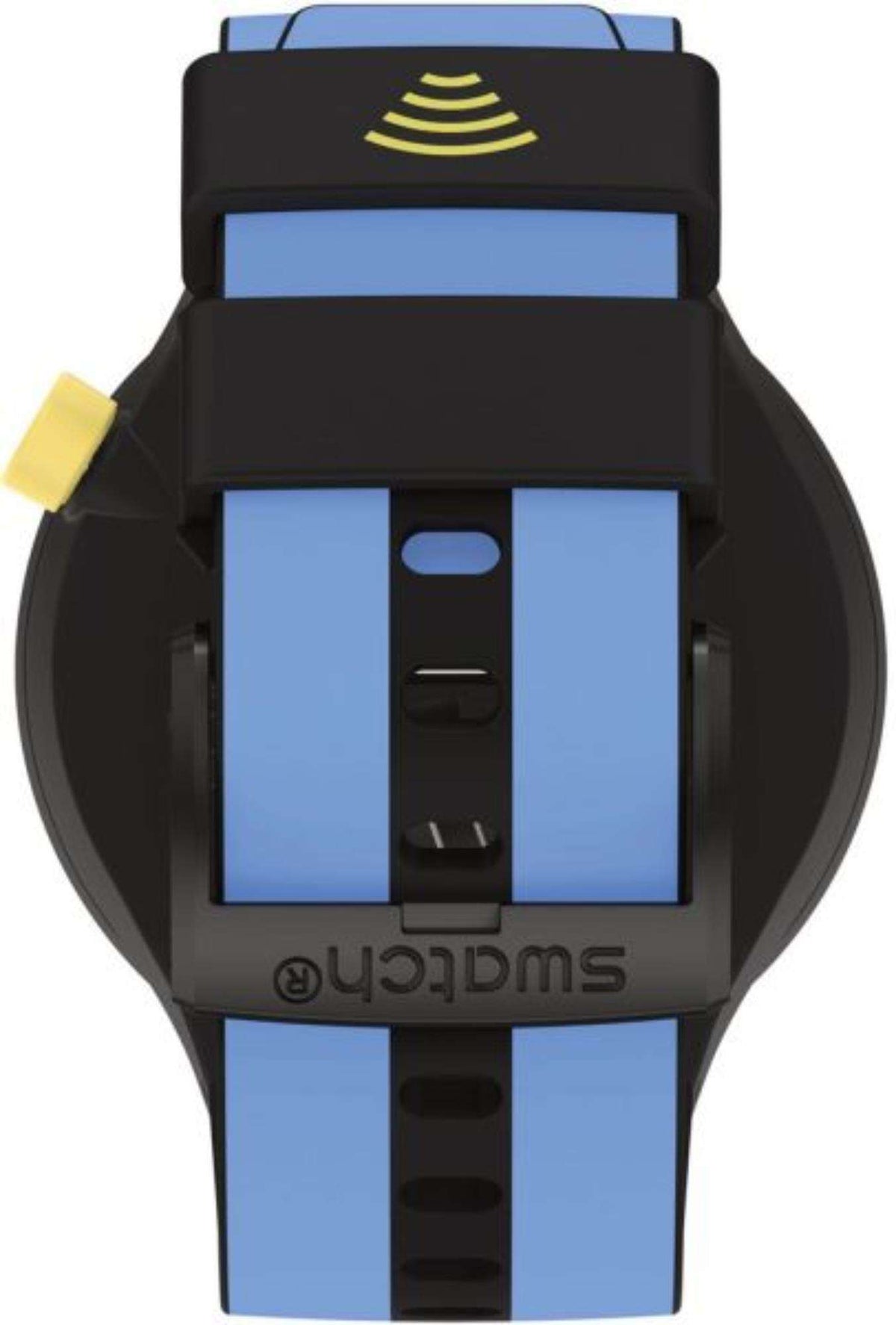 Watch case back with charging icon and light-blue band; black housing and strap.