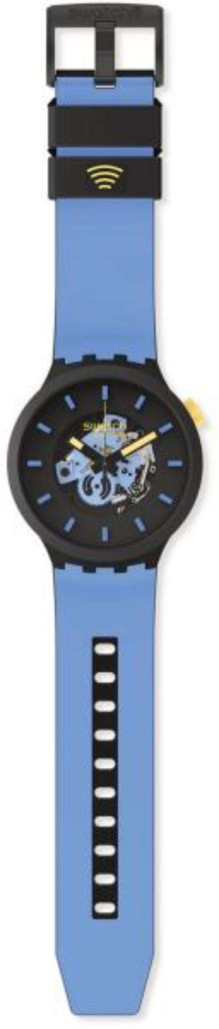 Light-blue silicone watch strap with black dial; skeleton-style details and blue hour dots.