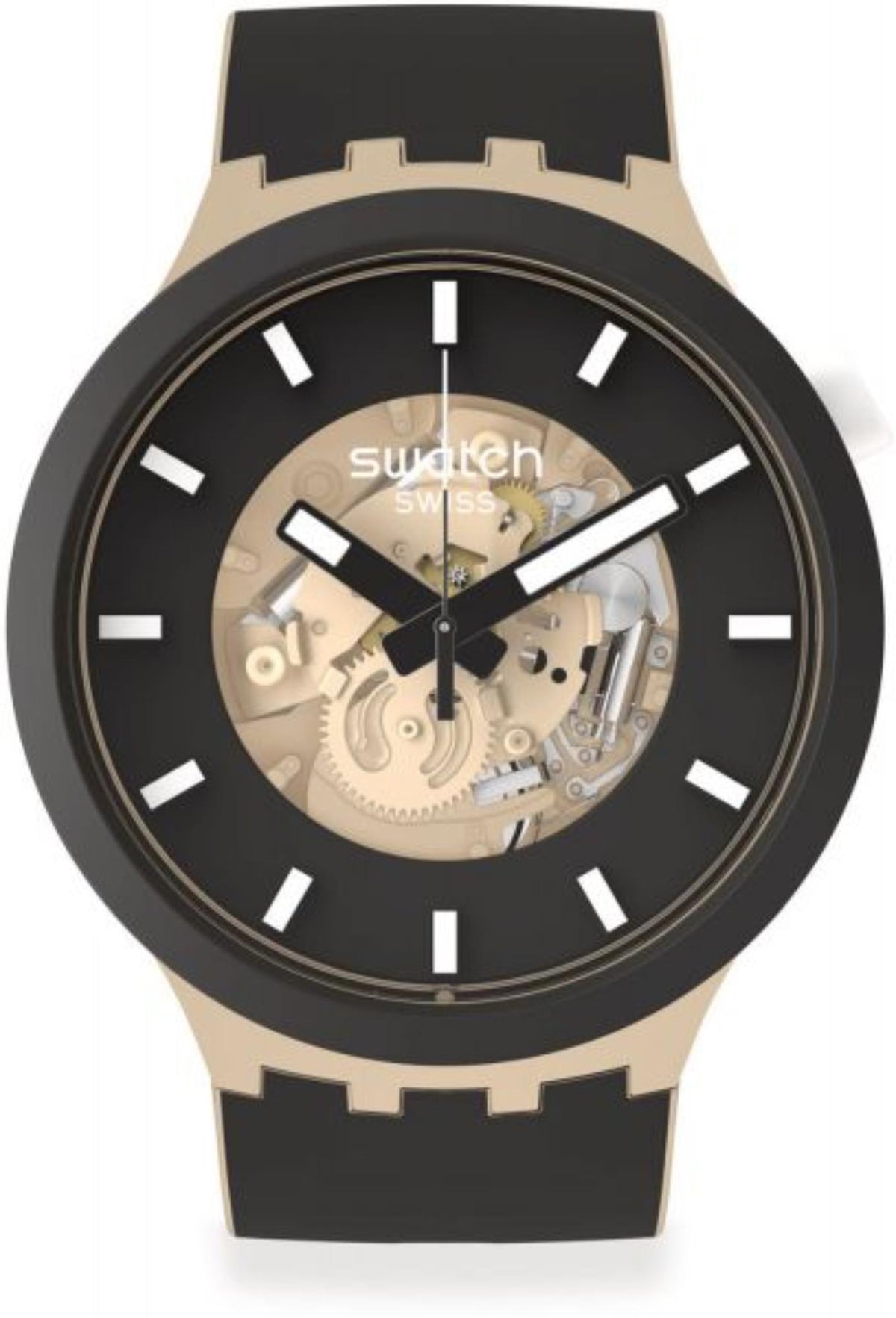 Silicone wristwatch with black dial and light-tone skeleton-style movement, black strap