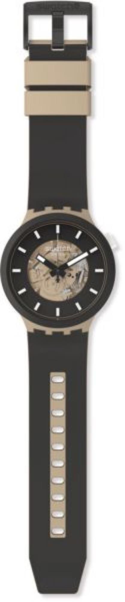 Silicone wristwatch with black strap and light-tone buckle, black dial with skeleton look