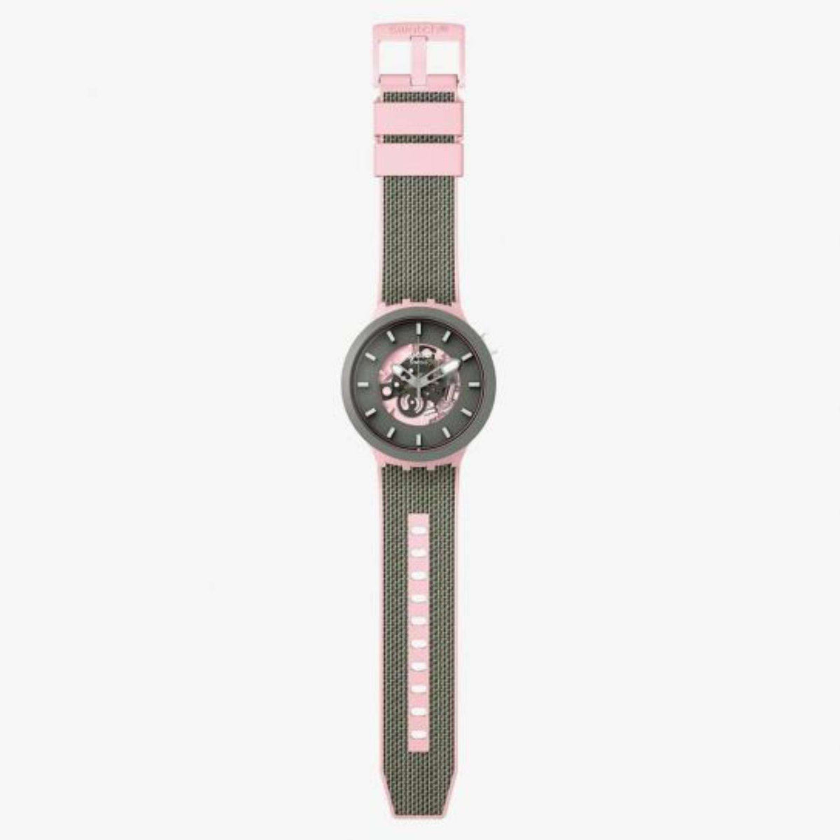 Women’s Swatch wristwatch with dark round case and pink-topped gray textured fabric strap