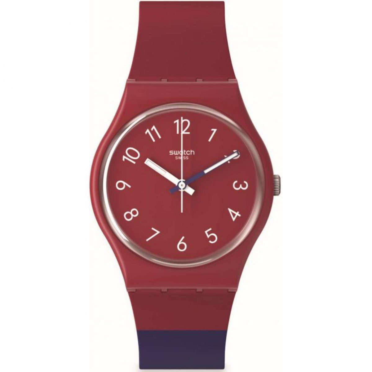 Red and navy silicone wristwatch with round maroon dial and silver hour markers