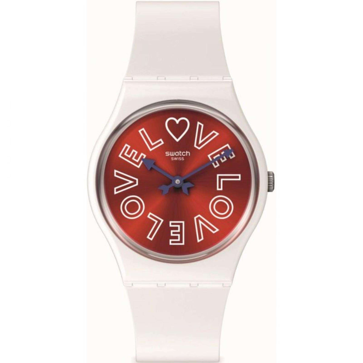 Swatch PUREST LOVE gent watch with white strap and round red love-themed dial