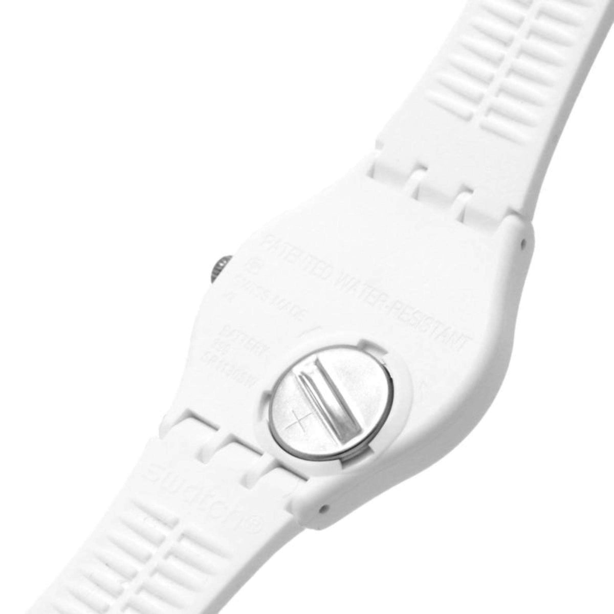 Swatch PUREST LOVE gent watch case and clasp details with white strap