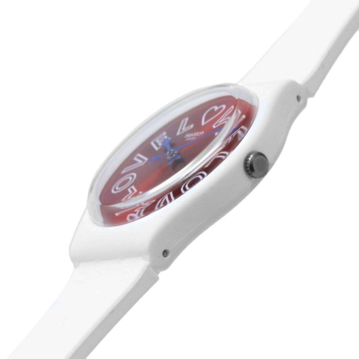Swatch PUREST LOVE gent watch side angle showing white case and red dial