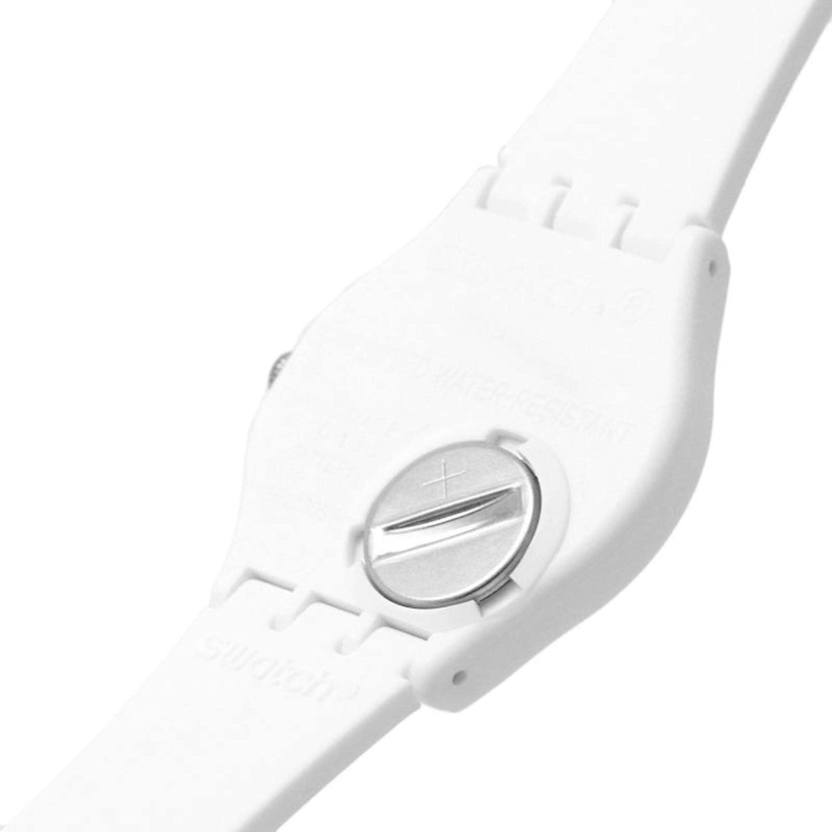 White Swatch watch case with round dial window and top lugs