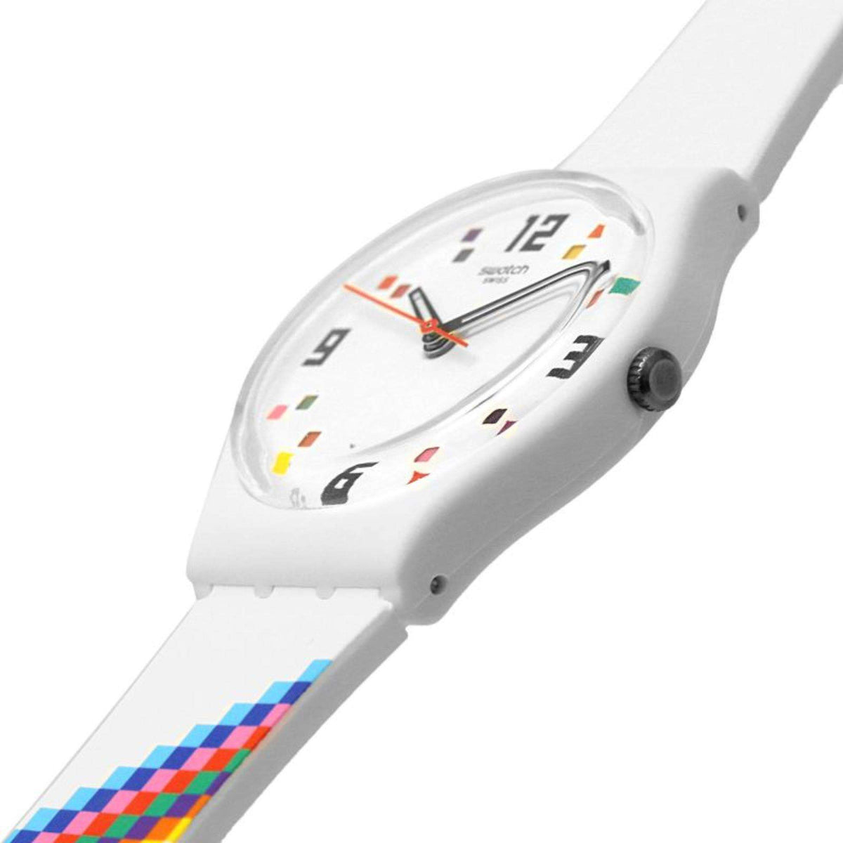 White Swatch watch angled view with colorful pixel numeral dial