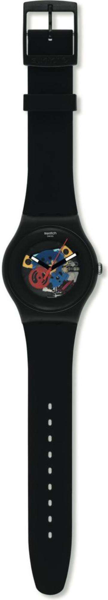 Black silicone strap wristwatch with buckle and printed dial graphic on face