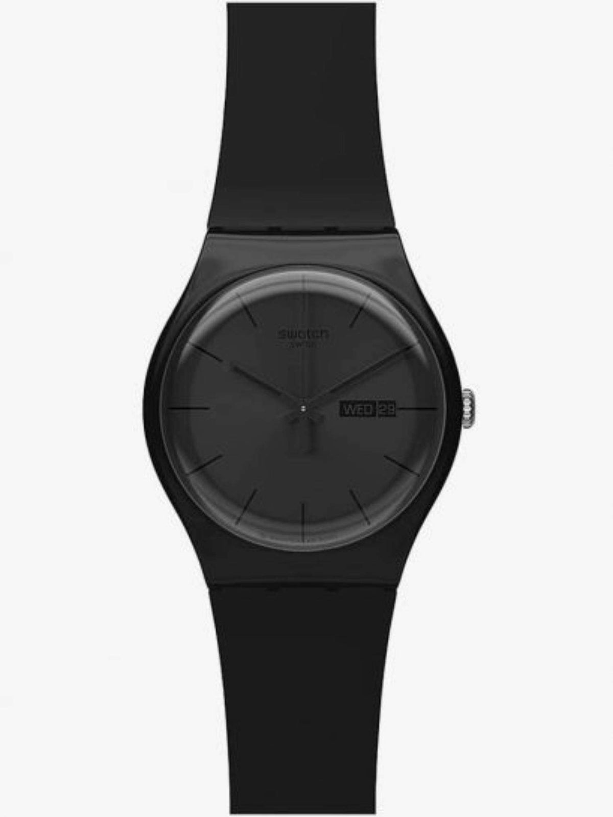 Swatch round black dial watch with black silicone strap, side crown