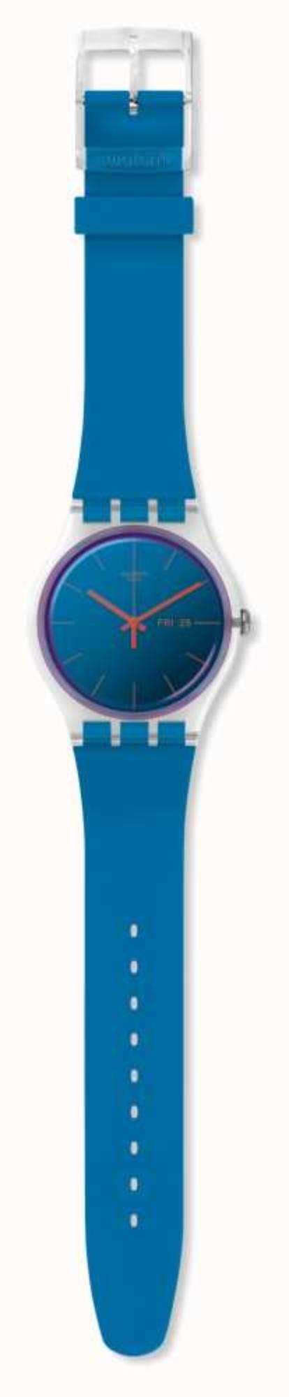 Swatch blue silicone strap watch with blue dial and date markers, side profile
