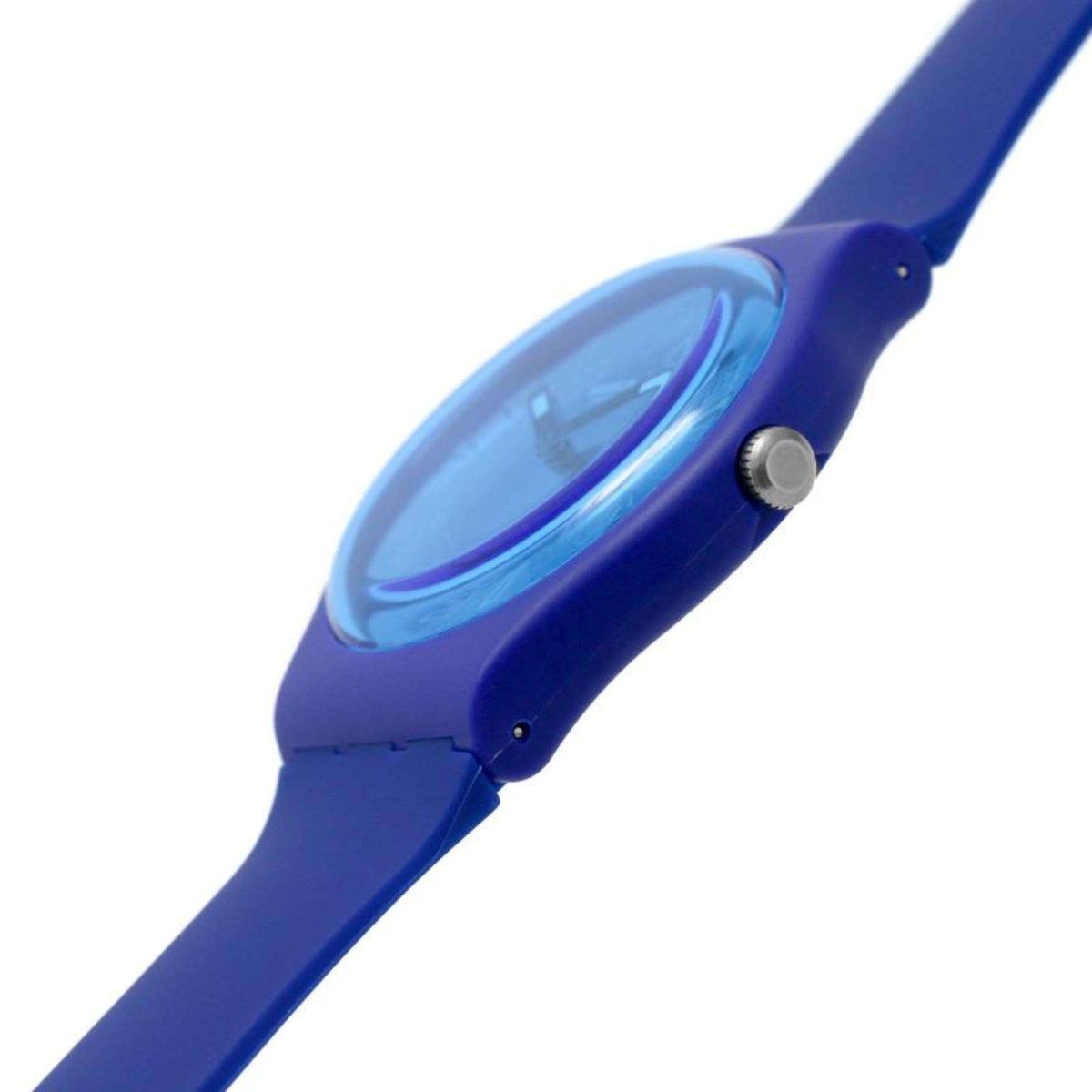 Men's Swatch wristwatch case side with crown and blue bezel