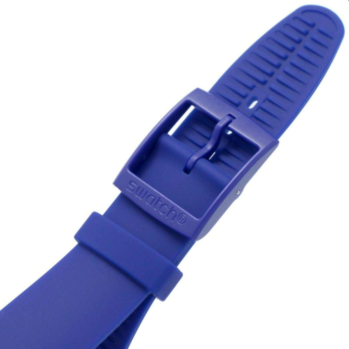 Men's Swatch silicone strap buckle with Swatch logo on the clasp