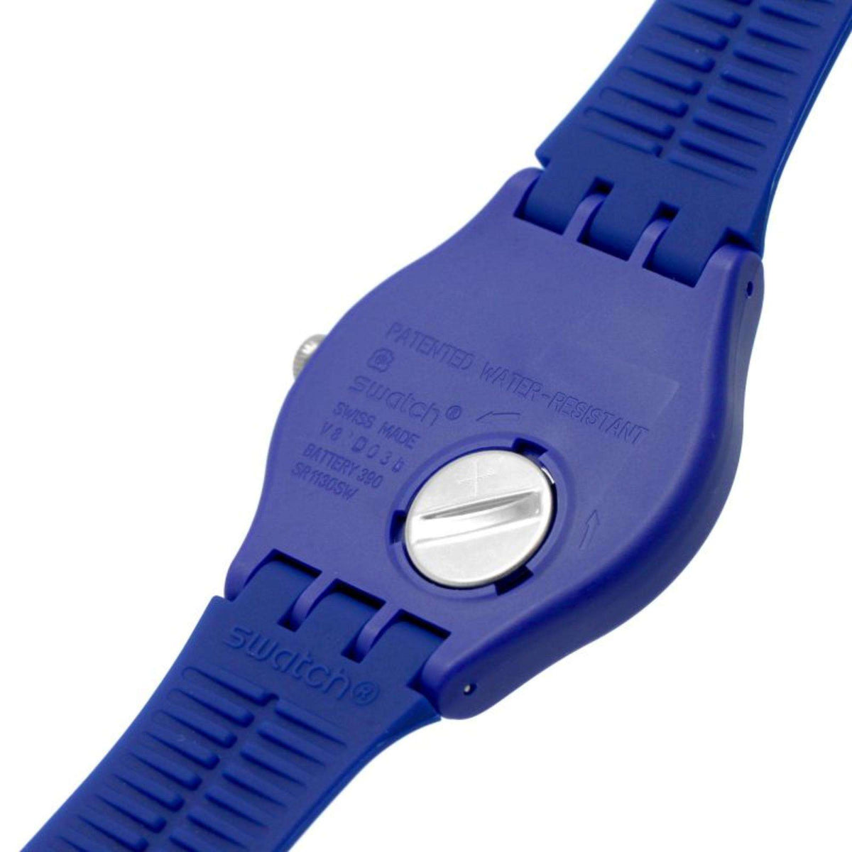 Men's Swatch watch caseback with circular metal cover and patent markings