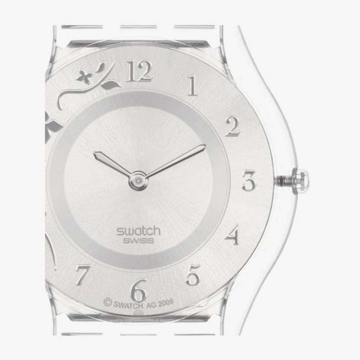 Close-up of silver-tone watch dial with markers, hands, and floral accents