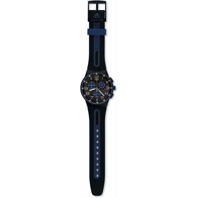 Men's black watch with blue rubber strap and blue-accented round dial