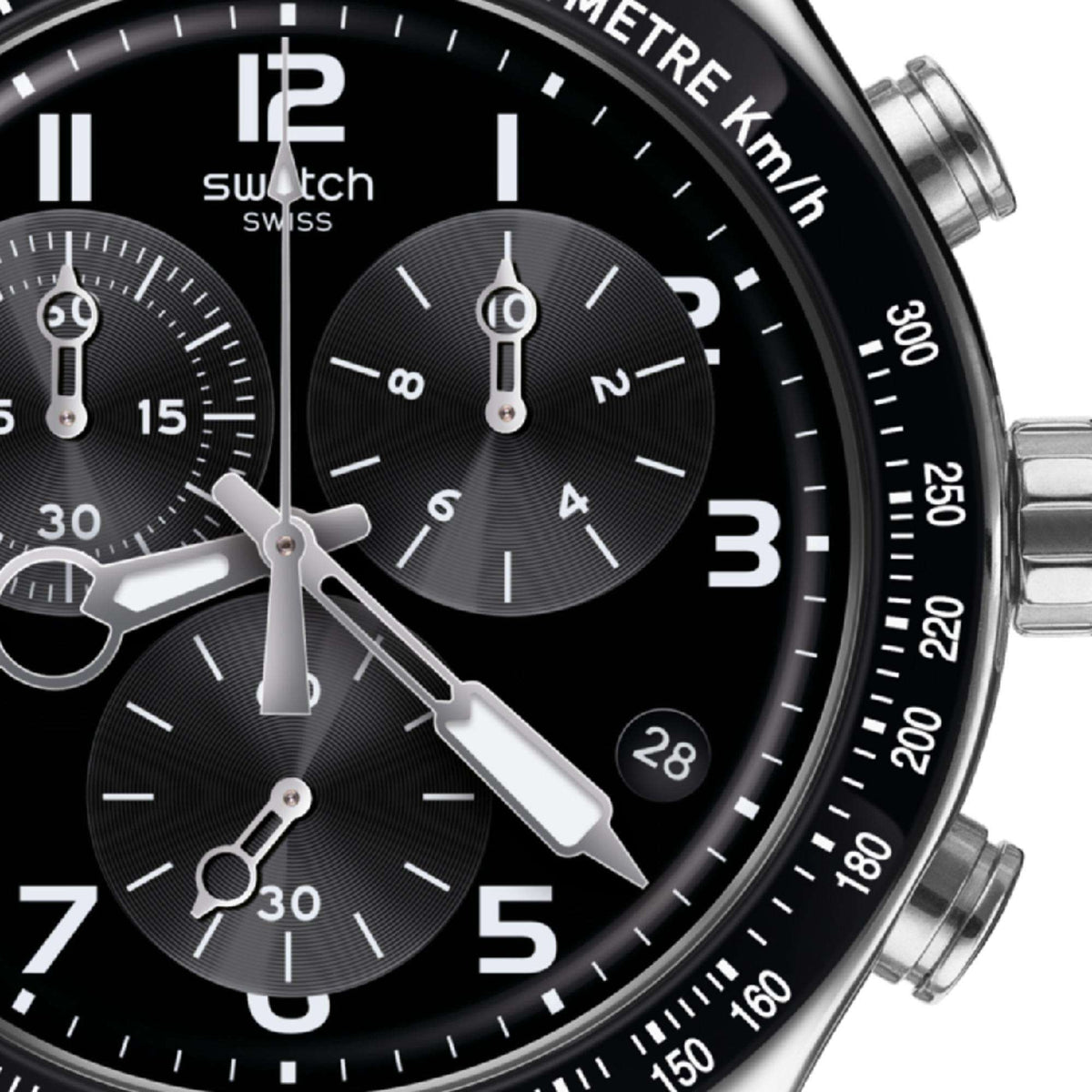Swatch watch with black face and silver accents on a white background