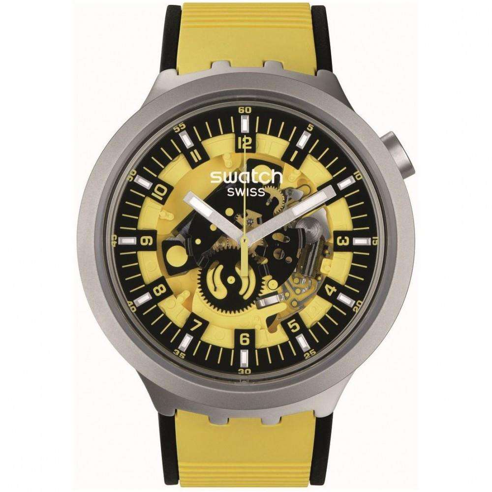 Men's Swatch yellow and black wristwatch with gray case and skeleton dial design.
