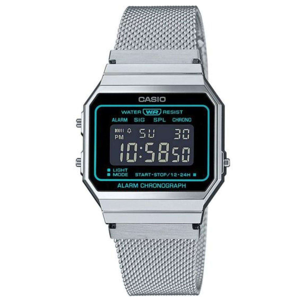 Casio vintage digital mens watch, silver octagonal case, blue backlit display, mesh strap