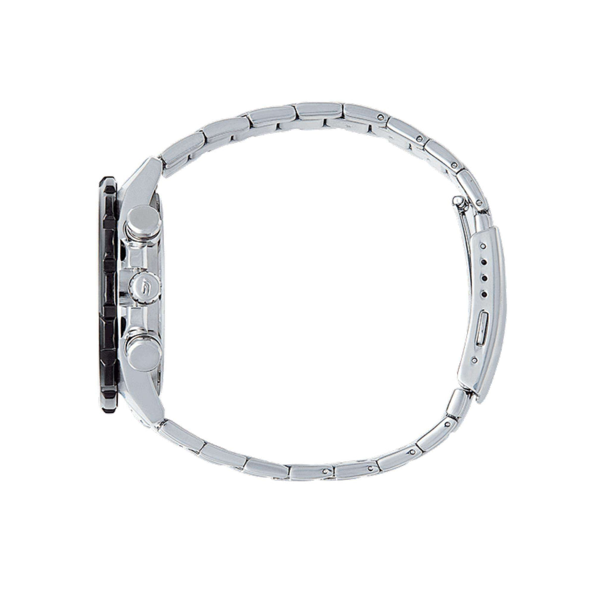 Men's stainless steel bracelet with multiple links and watch clasp.