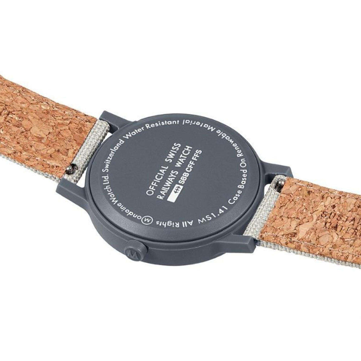 Unisex watch caseback with water-resistant text on dark grey case, grey textile strap.