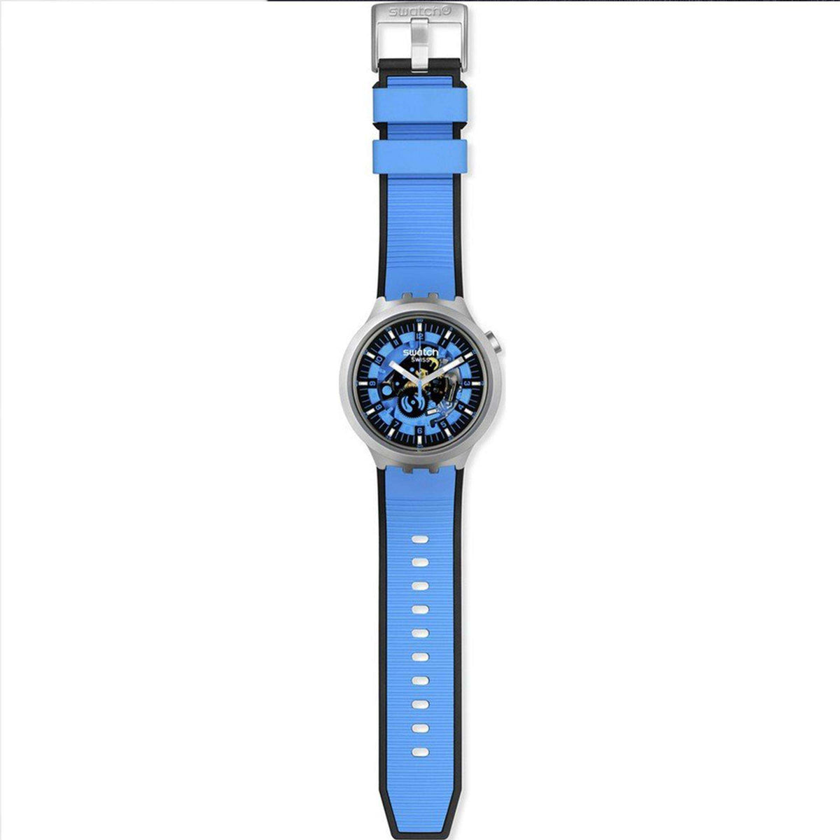 Swatch blue rubber strap quartz watch with round blue dial and metal case