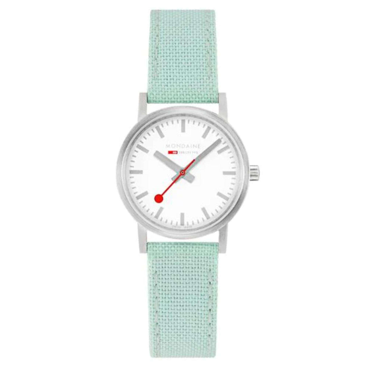 Mondaine ladies quartz watch with white dial, red hands, green fabric strap