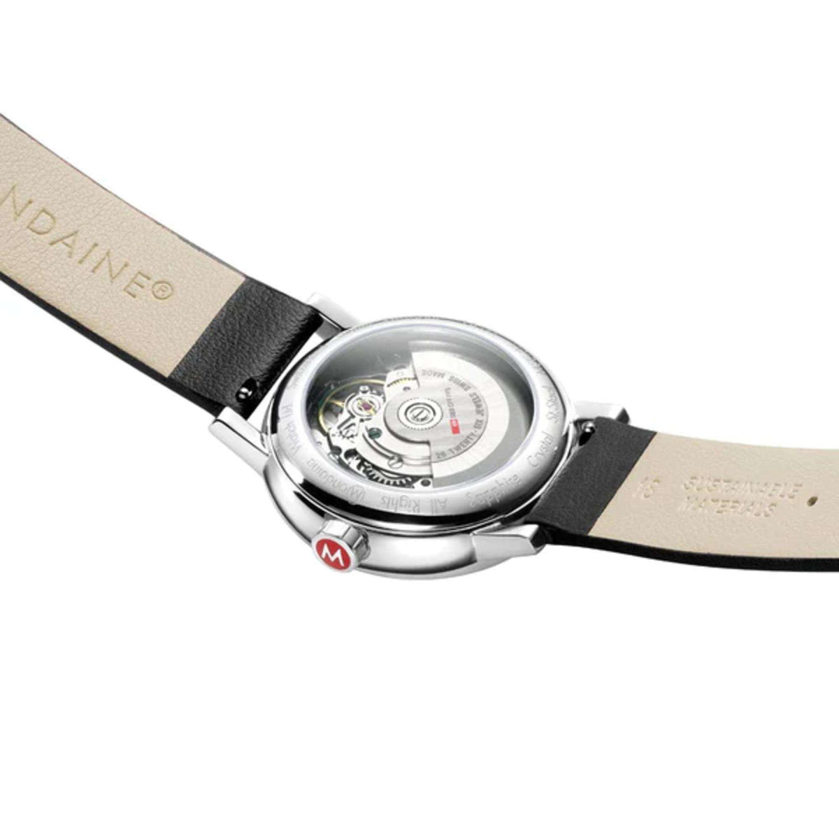 Automatic watch caseback with visible movement and black leather strap