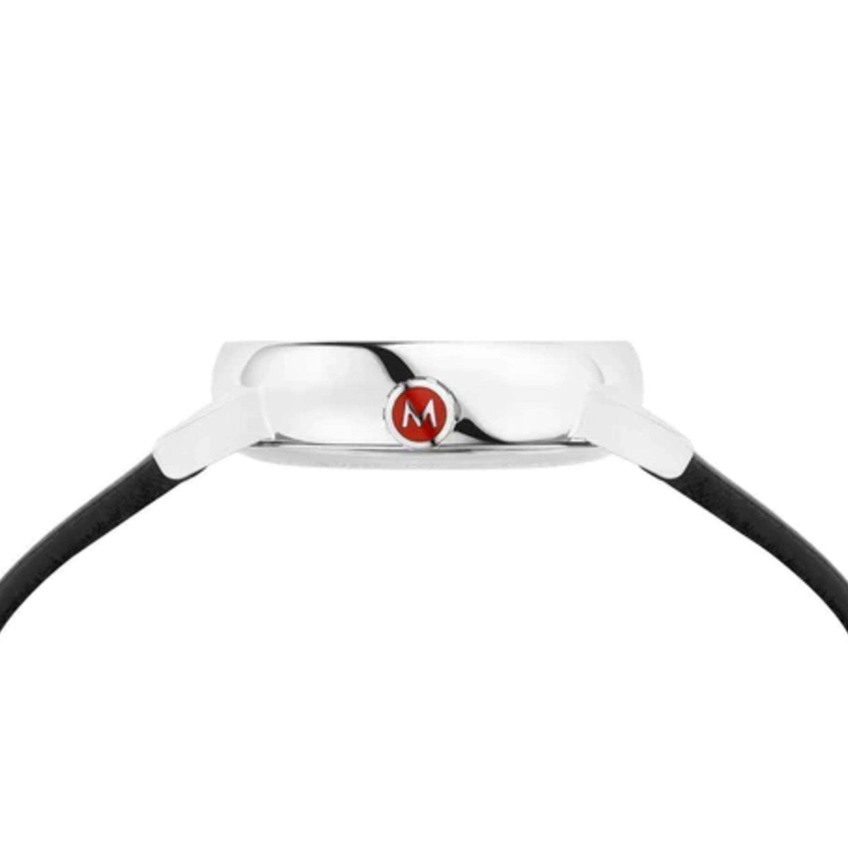 Mondaine watch underside with metal caseback and black leather strap