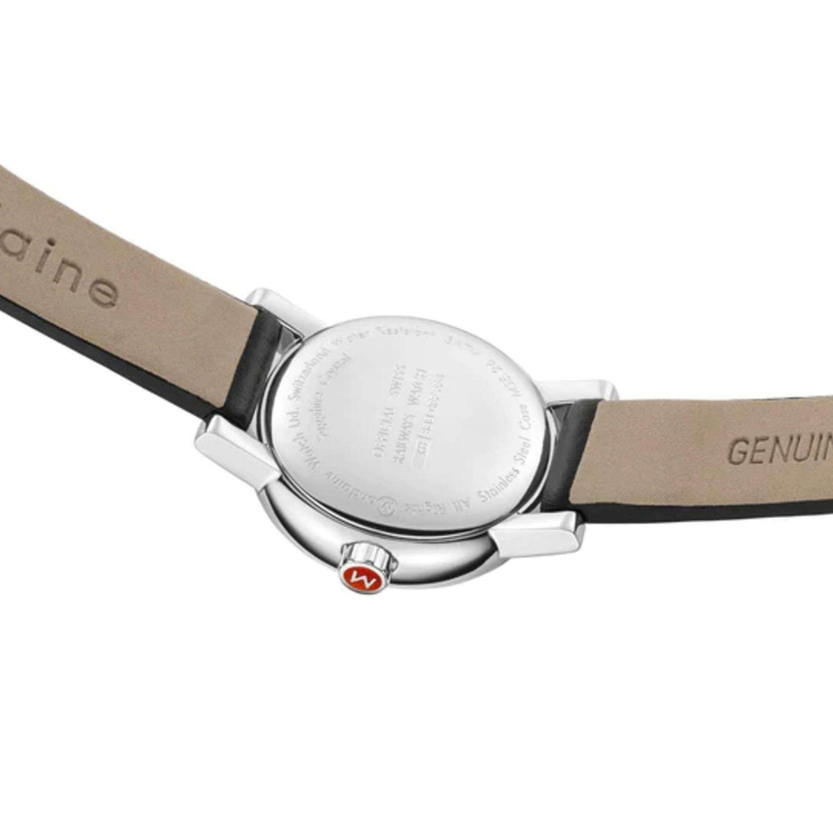 Mondaine ladies watch close-up: stainless case, black leather strap, and metal clasp