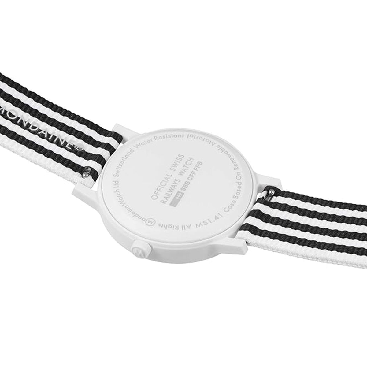 Mondaine watch case back on striped fabric strap, round white back with markings
