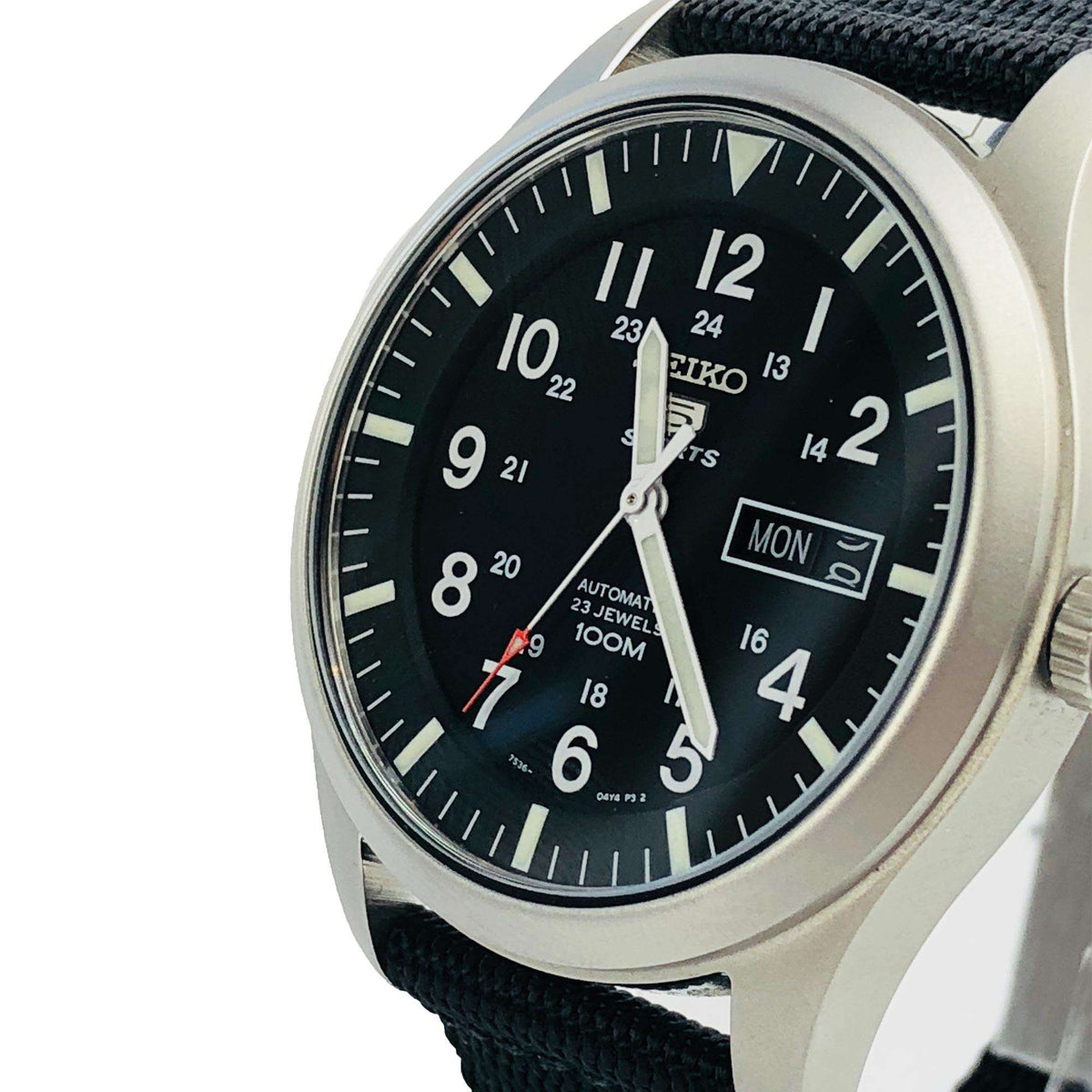 Seiko 5 Sports Military SNZG15K1 black dial side perspective view