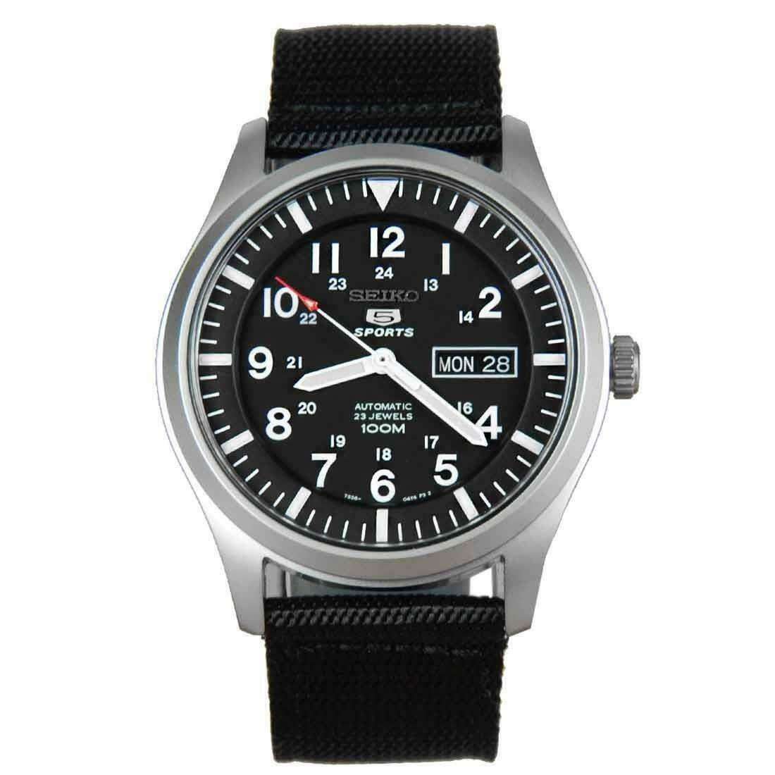 Seiko 5 Sports Military SNZG15K1 black dial isolated studio view