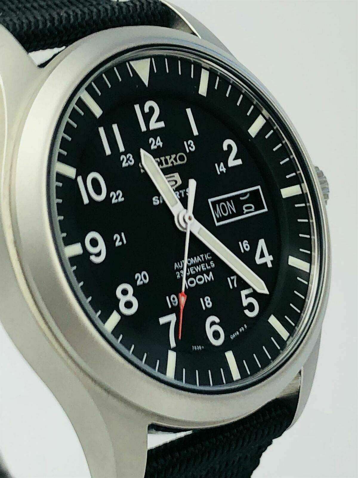 Seiko 5 Sports Military SNZG15K1 black dial angled high-contrast view