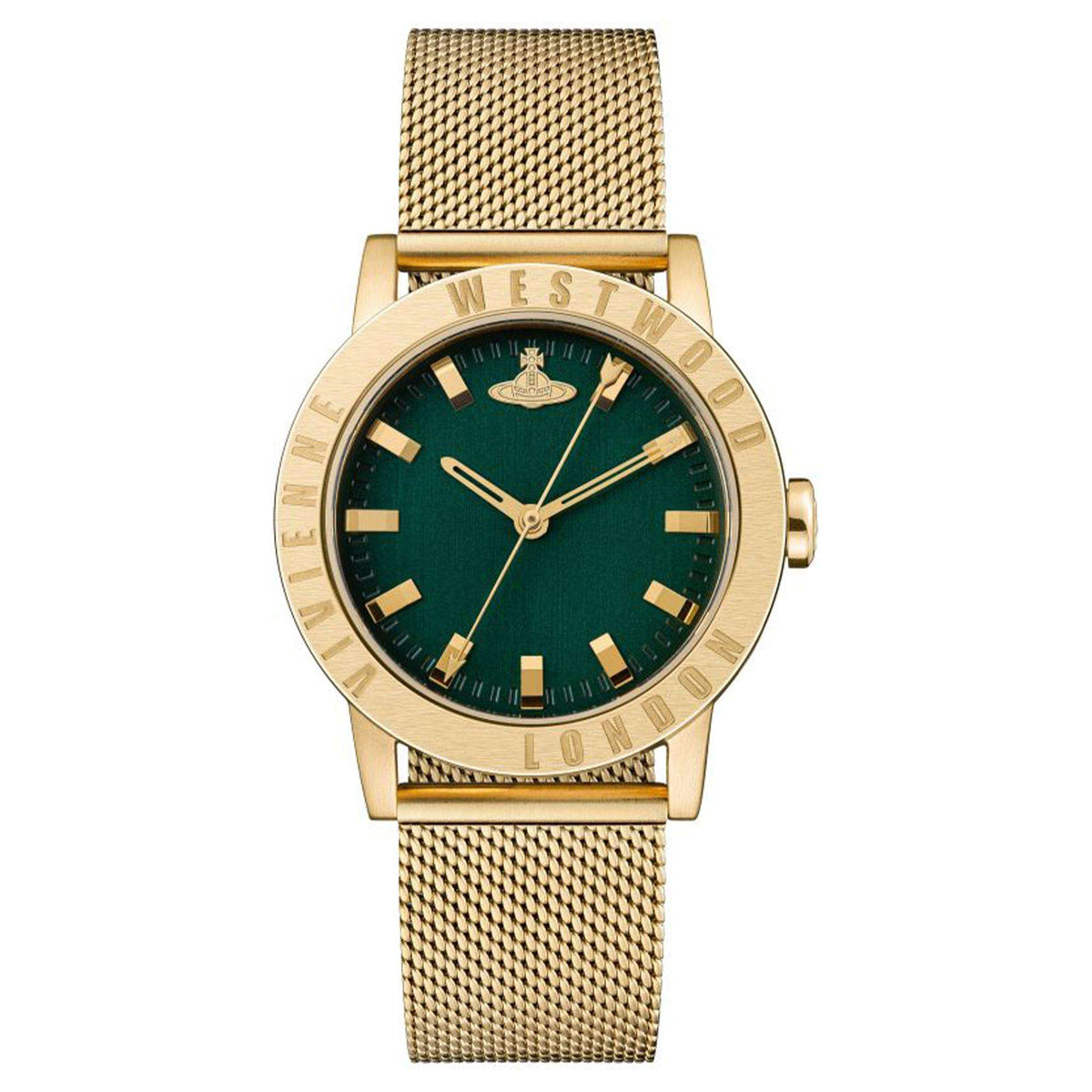 Gold-tone mesh bracelet wristwatch with green dial, gold markers, quartz movement