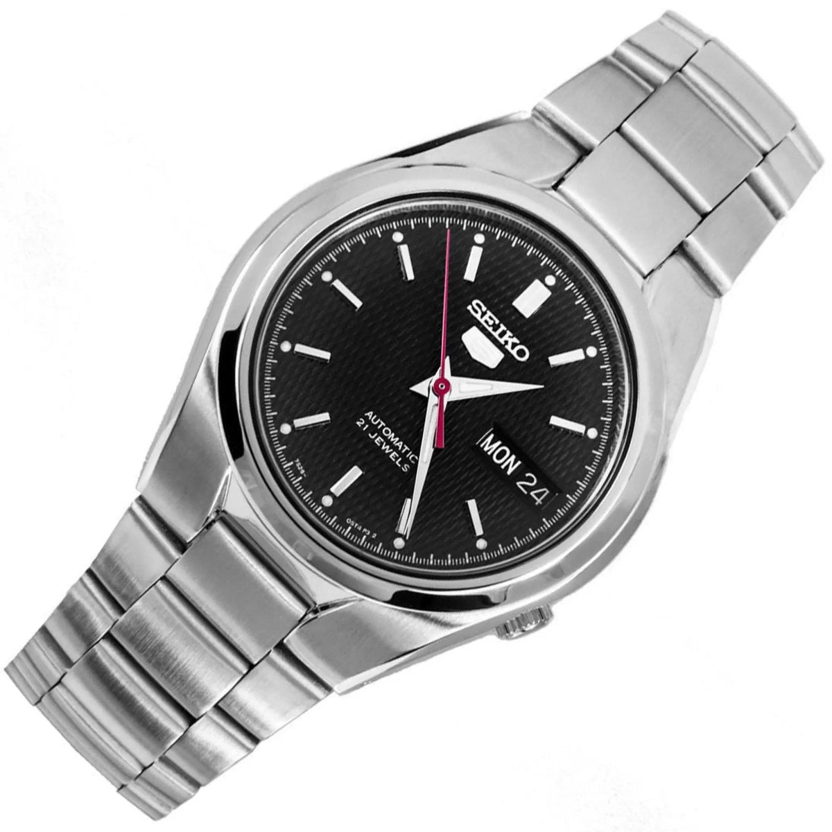 Seiko 5 Classic SNK607K1 full front perspective with black dial and steel bracelet