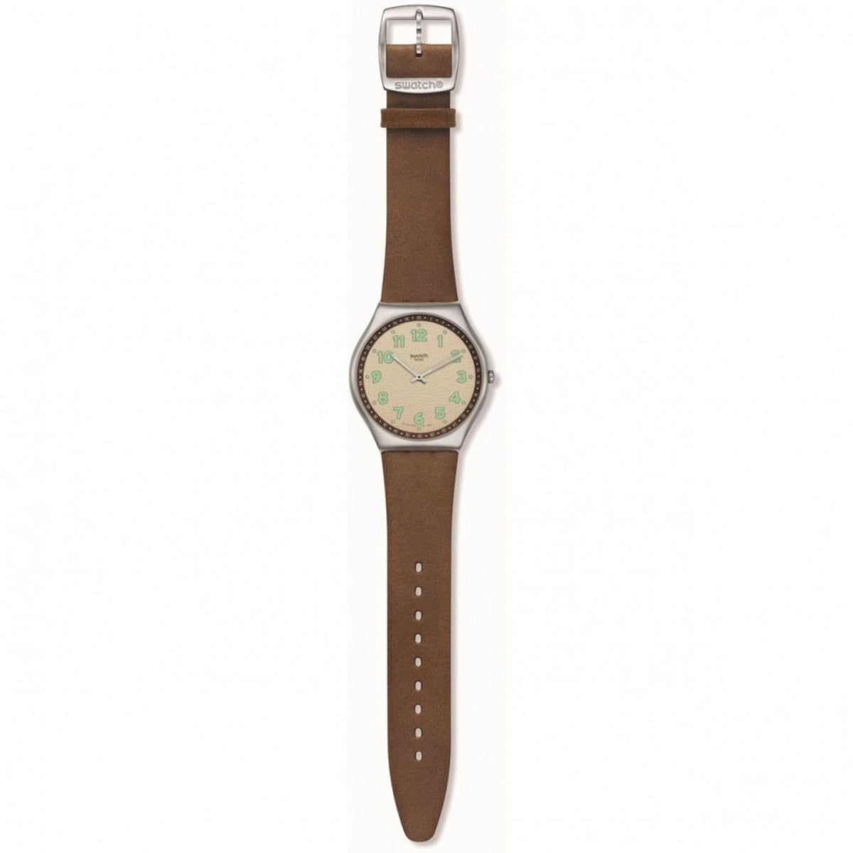 Brown leather strap watch with beige dial and silver case, buckle top and lugs visible