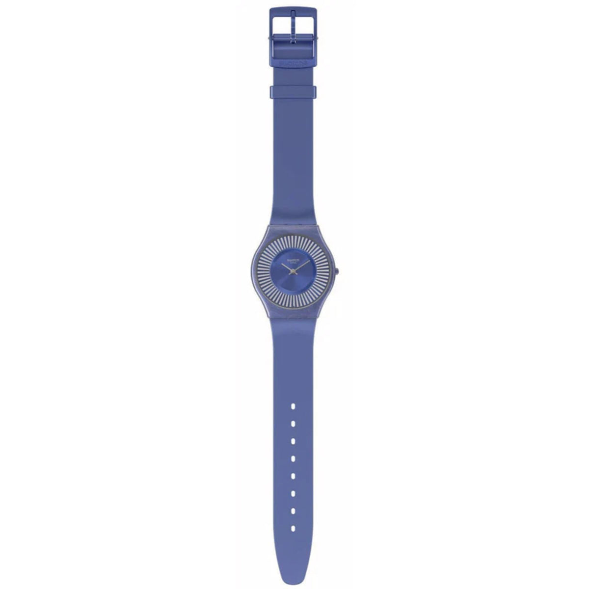 Blue silicone Swatch watch, blue dial with buckle and strap end visible