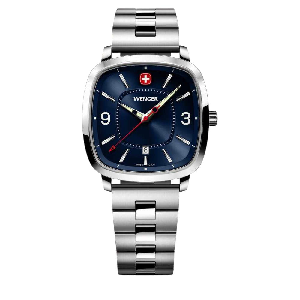Men's Wenger quartz sport watch with blue dial and stainless steel bracelet, red accents