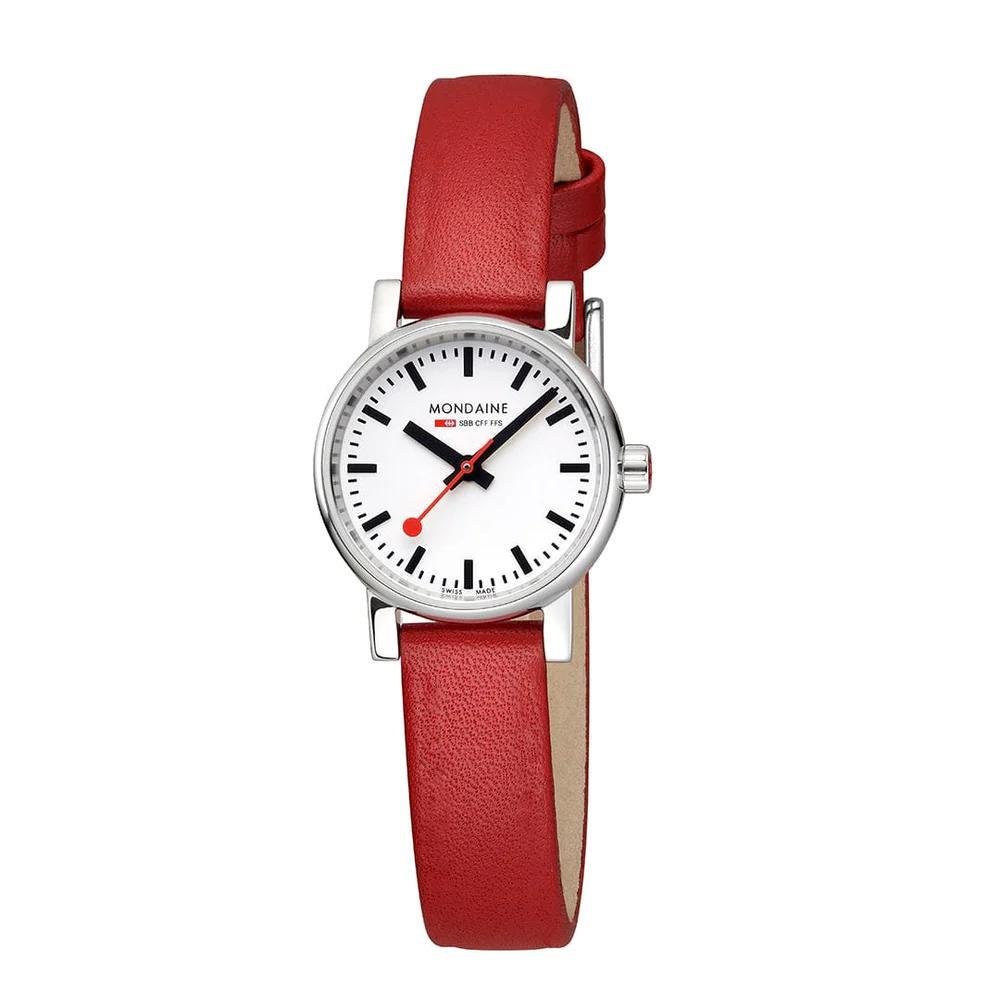 Front-angle view of Mondaine Evo2 MSE.26110.LCV classic timepiece highlighting the white dial and red second hand