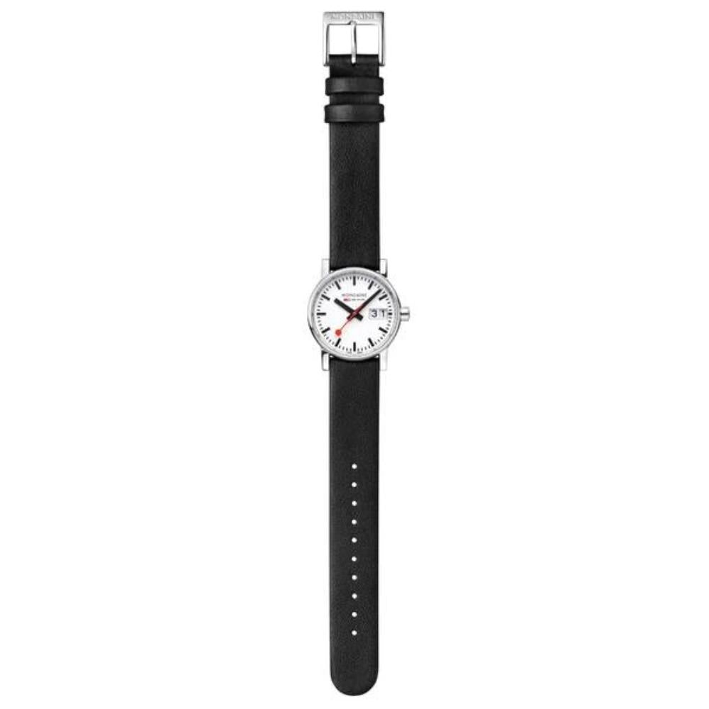 Full-length flat lay of Mondaine Evo2 MSE.30210.LBV black leather strap watch fully extended against a white background