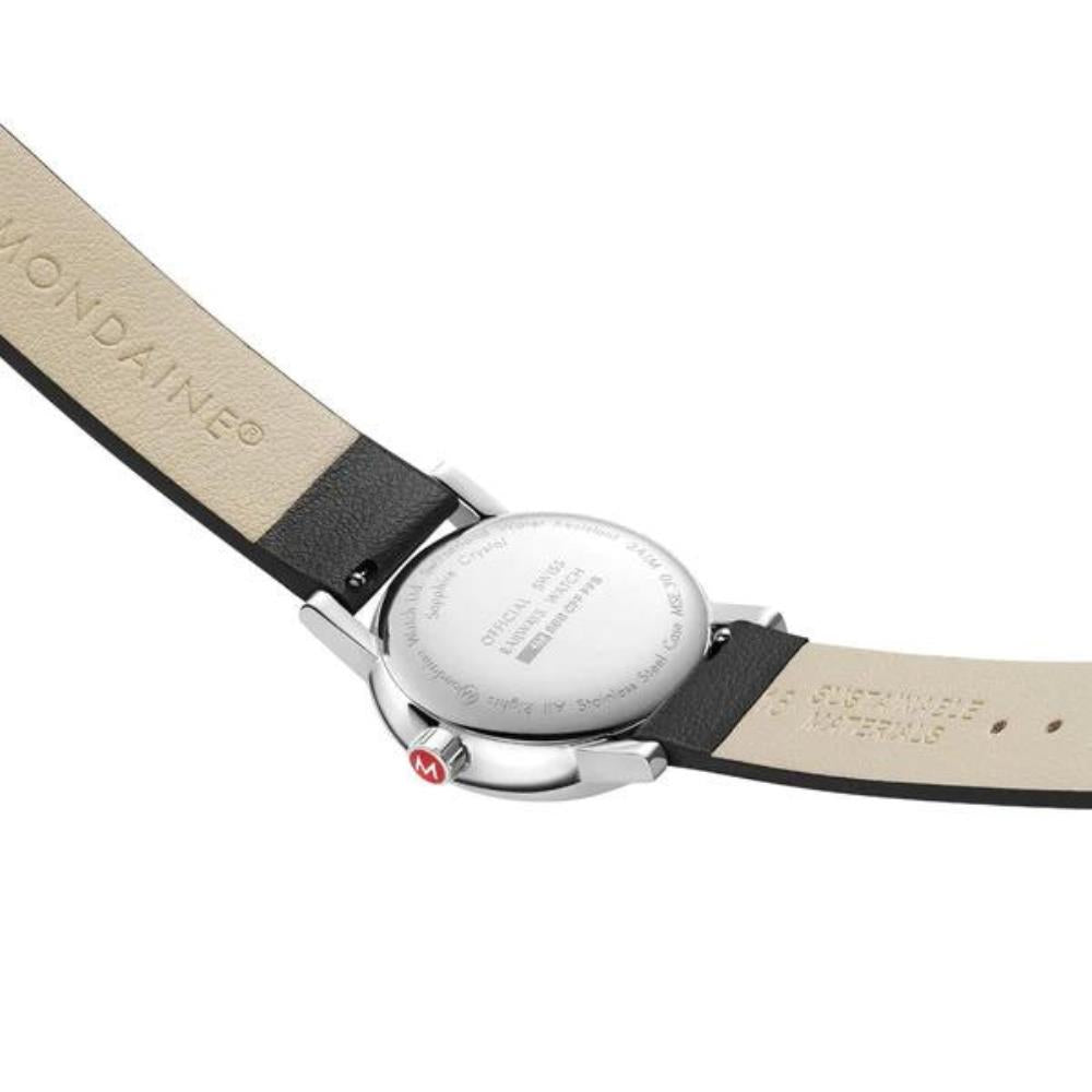 Stainless steel back cover of Mondaine Evo2 MSE.30210.LBV watch featuring official Swiss Railway engraving and sustainable leather lining